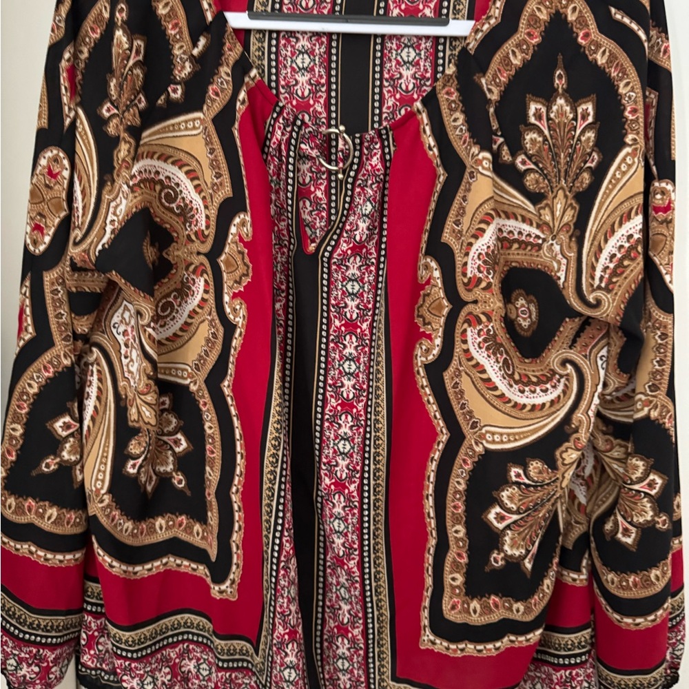 New York & Company Red and Black Patterned Blouse